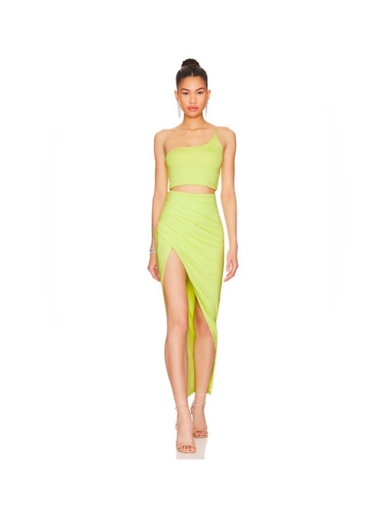superdown Dresses & Skirts - superdown Neon Lime One-Shoulder Crop Top & Ruched Skirt Set
